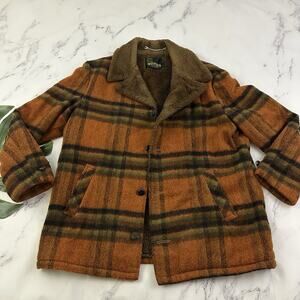 Silton Mens Vintage 70s Plaid Jacket Size XL Brown Orange Wool Blend Sherpa